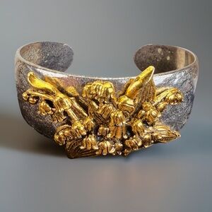 Vintage cherub cuff bracelet multi metal gold tones, oxidized silver, and brass